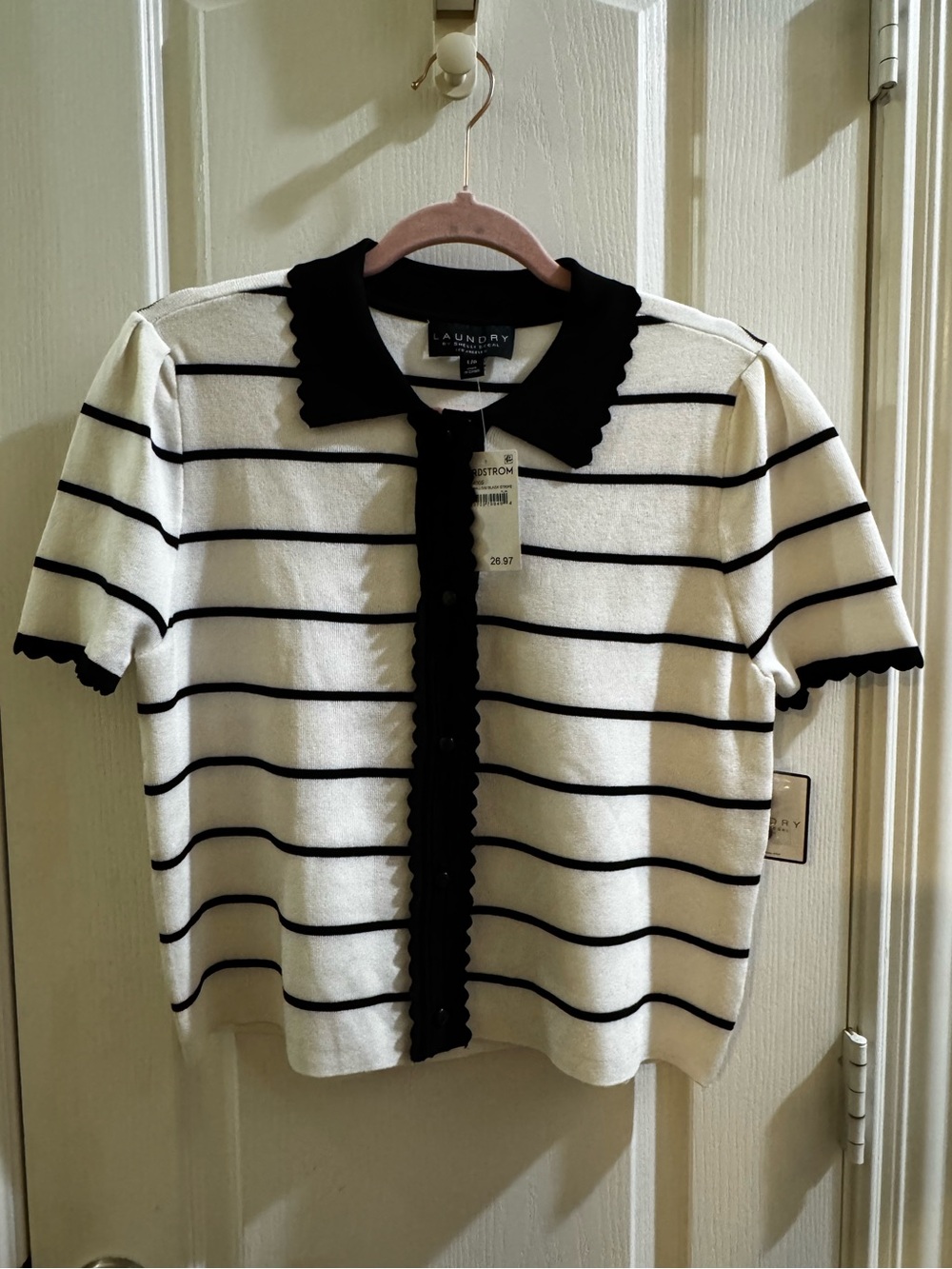 Laundry By Shelli Segal Black & Cream Striped Scallop Trim Cardigan